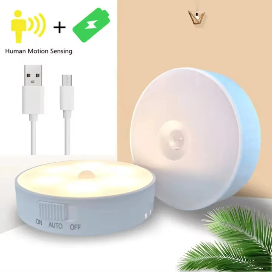 Motion Sensor Light LED USB NightLights Round Chargeable Lamp For Bedroom Kitchen Stair Hallway Wardrobe Lighting Cupboard Lamp