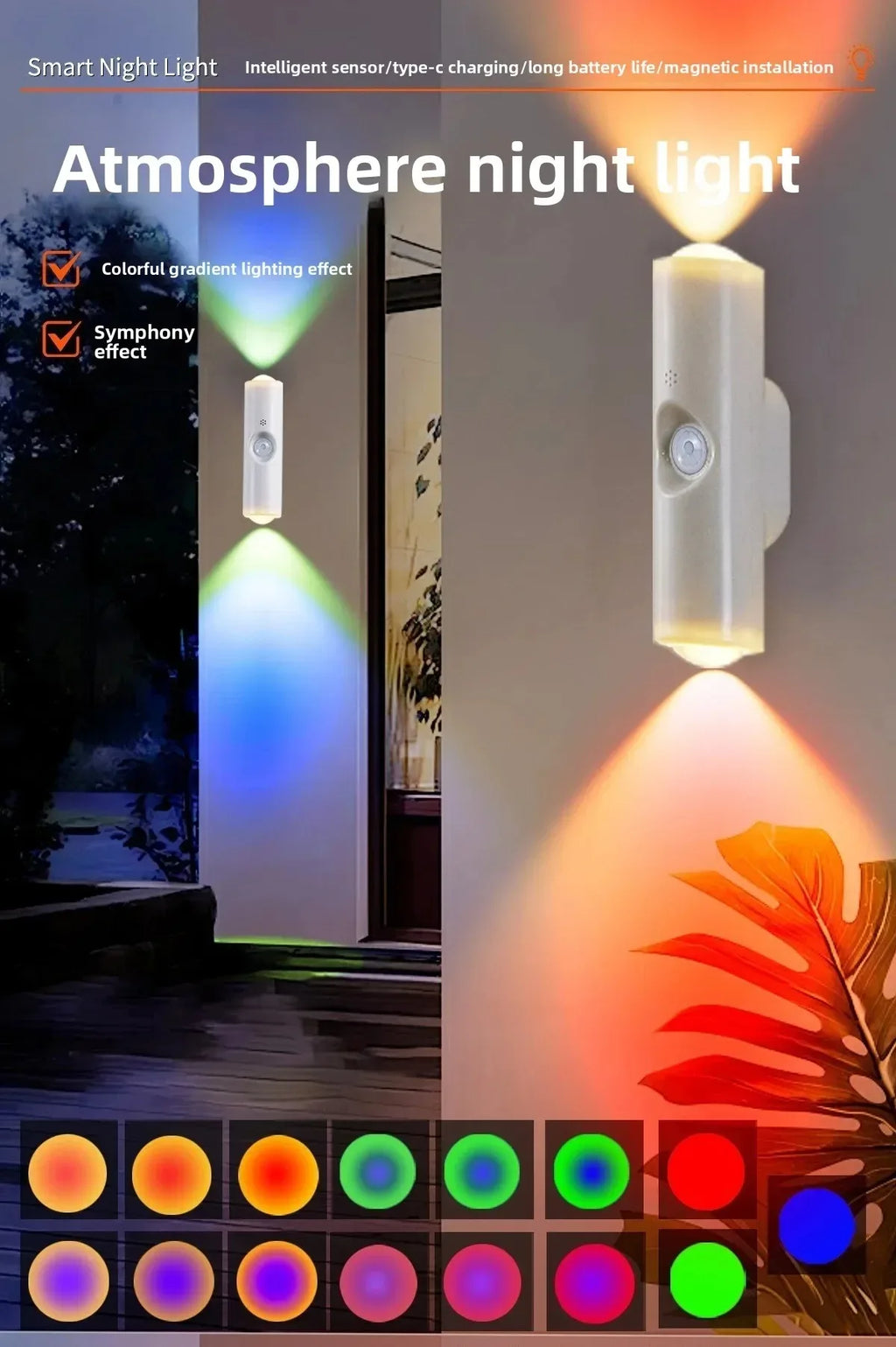 Smart, RGB, dual, head, motion, sensor, wall, lamp, charging, magnetic, night, light, spotlight, bedroom, closet, garden, room,
