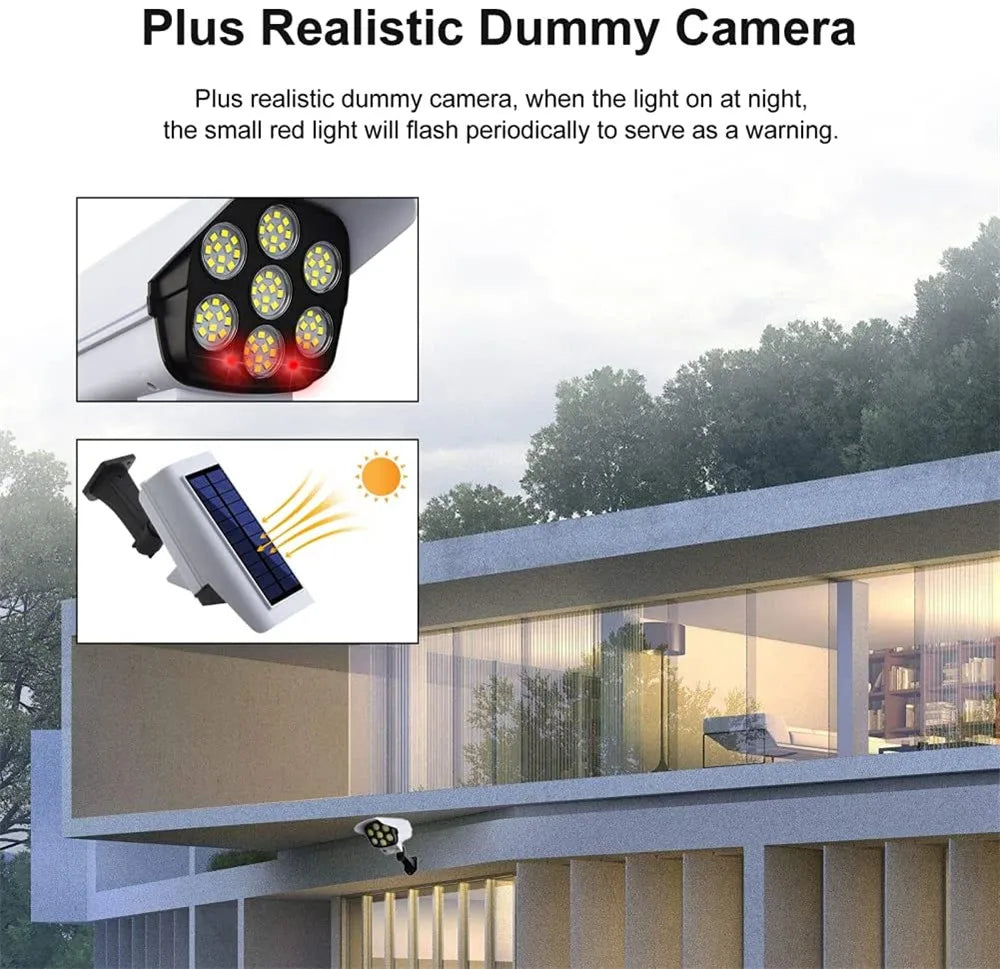 Outdoor Solar Light Motion Sensor Security Dummy Camera Wireless Flood Light IP65 Waterproof 77 LED Lamp 3 Mode For Home Garden