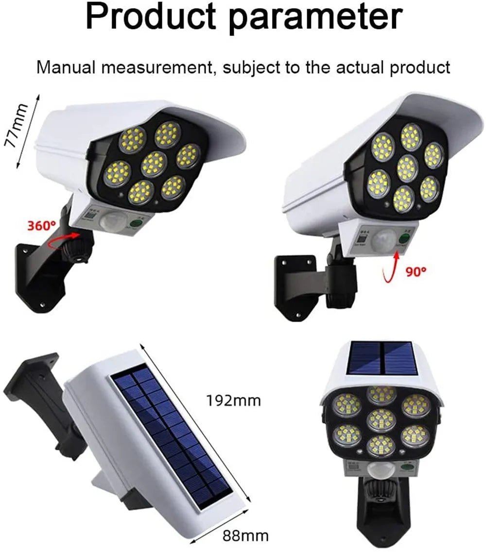 Outdoor Solar Light Motion Sensor Security Dummy Camera Wireless Flood Light IP65 Waterproof 77 LED Lamp 3 Mode For Home Garden