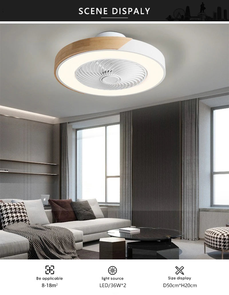 Smart LED Ceiling Fan with Light Wood Living Room Bedroom APP Remote Control 6 Speed Low Floor Electric Fan 52CM Fan Lighting