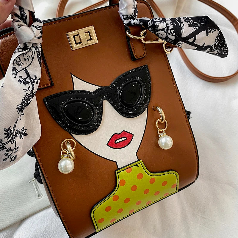 2024 Brand Beauty Glasses Handbags for Women High Quality PU Shoulder Bag Cute Scarf Purses and Crossbody Bag