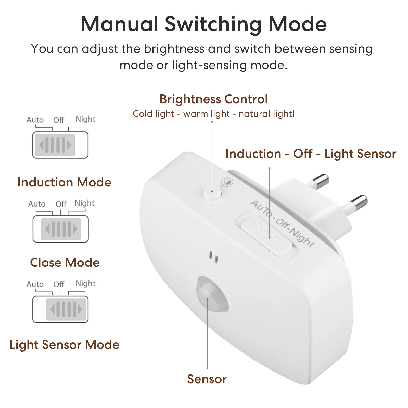 Smart Night Light EU Plug Dimmable LED with PIR Motion Sensor & Light Detection Energy-Saving for Corridor Toilet Stairs