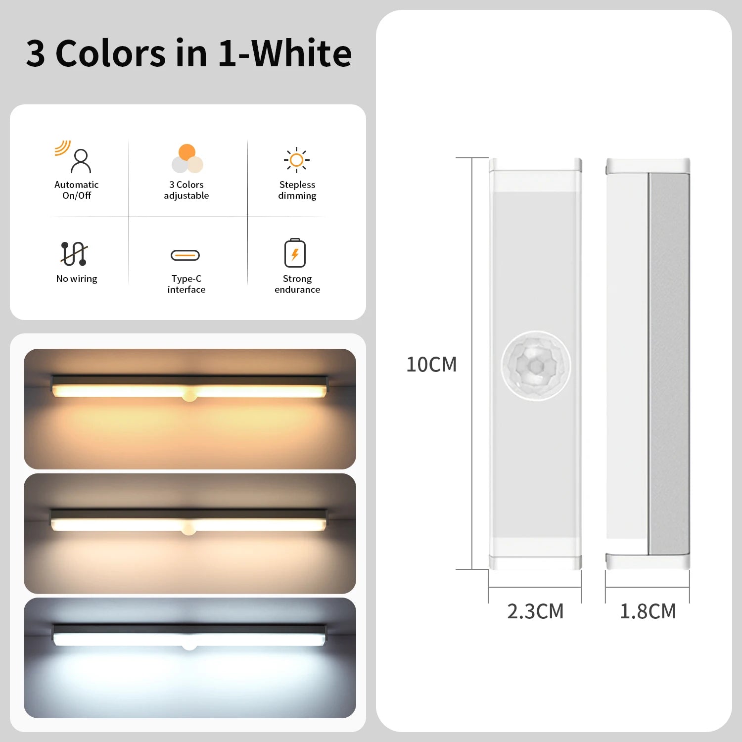 Motion Sensor Light Wireless USB Rechargeable Wall Lamp 3 Colors Dimming Kitchen Wardrobe Bedroom Closet Cabinet LED Lighting