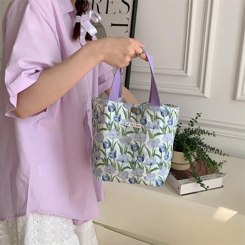 Women's Beauty Flower Canvas Bag Outside Shopping Toiletry Phone Oagnzier Storage Bags Korean Cloth Handbags Lunch Box Bento Bag