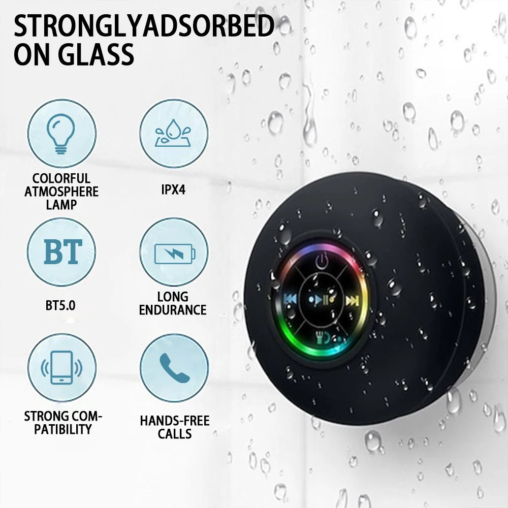 Portable Wireless Bluetooth Speaker with LED Light, IPX4 Waterproof, Strong Suction Cup, Mini Stereo Speaker for Outdoor & Bathr
