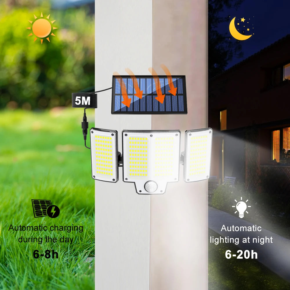 Solar Motion Sensor Lights with Remote,Outdoor Security Flood lights 3 Heads,3 Lighting Modes for Garden Camping 280 Leds-280LED