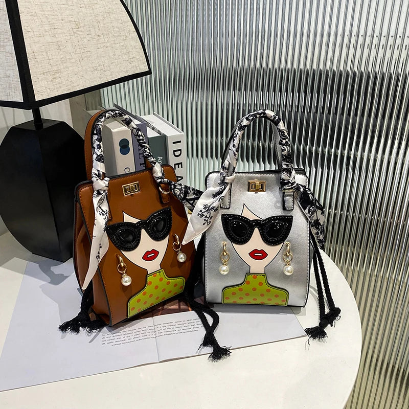 2024 Brand Beauty Glasses Handbags for Women High Quality PU Shoulder Bag Cute Scarf Purses and Crossbody Bag