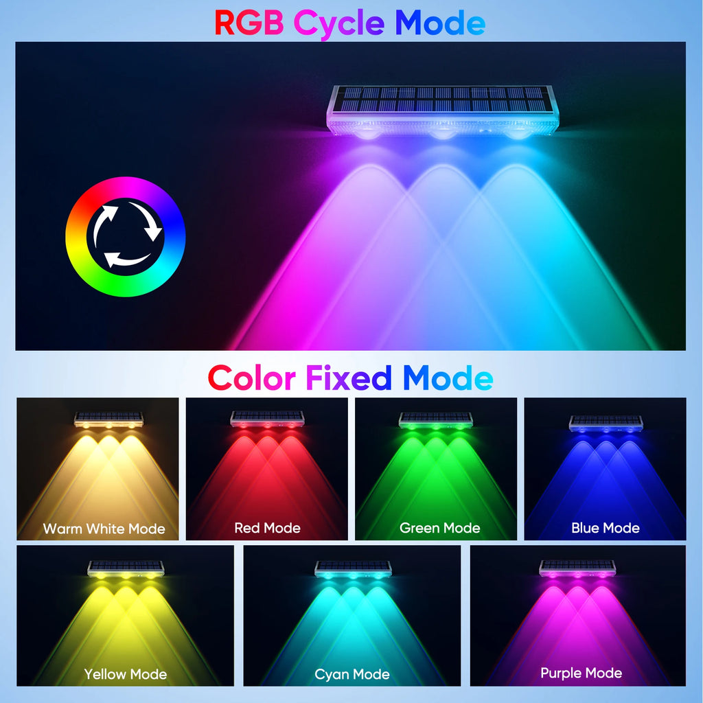 High-end Solar LED Fence Light IP66 Waterproof Auto ON OFF Warm White 6 Colors 7 Modes Solar Wall Lamp for Backyard Outside