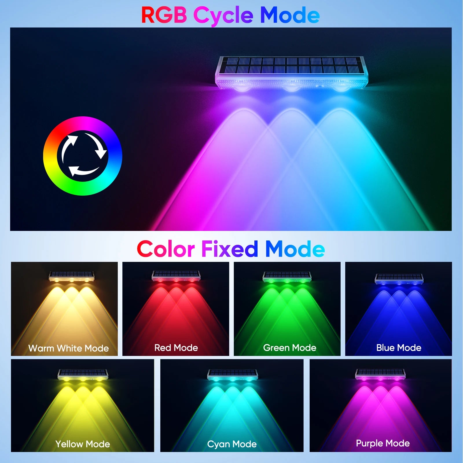 High-end Solar LED Fence Light IP66 Waterproof Auto ON OFF Warm White 6 Colors 7 Modes Solar Wall Lamp for Backyard Outside