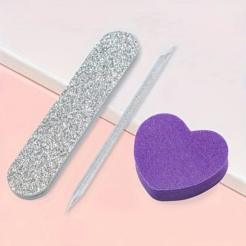 12 piece set of pink glitter nail care kit - heart-shaped buffer, crystal rod, and double-sided file for nail art and pedicures