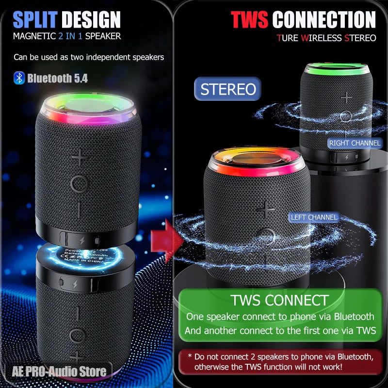 Portable Bluetooth Speaker TWS Stereo Dual Speaker High Volume Wireless Split Speaker Outdoor Waterproof Heavy Bass Speaker