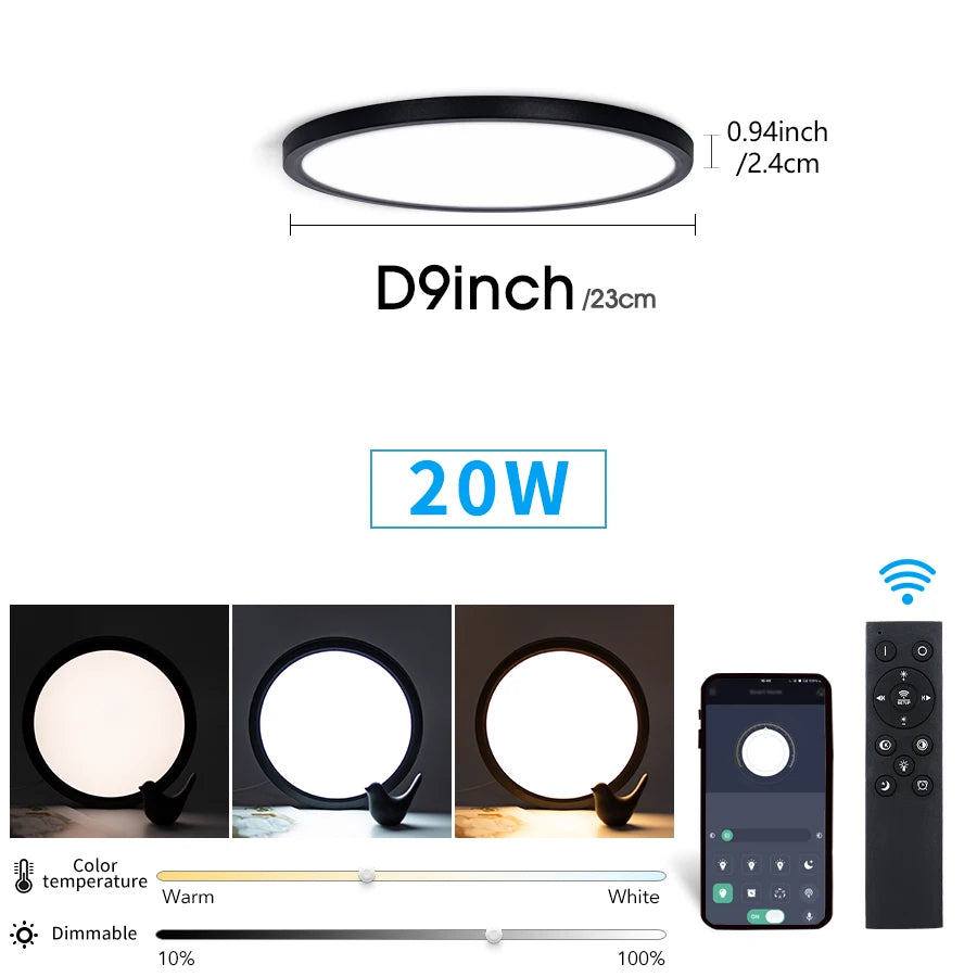 Smart Ceiling Lights 0.94 Inch Remote APP Control Ultra Thin Dimmable Modern Round LED Ceiling Lamp Bedroom Dining Room Kitchen
