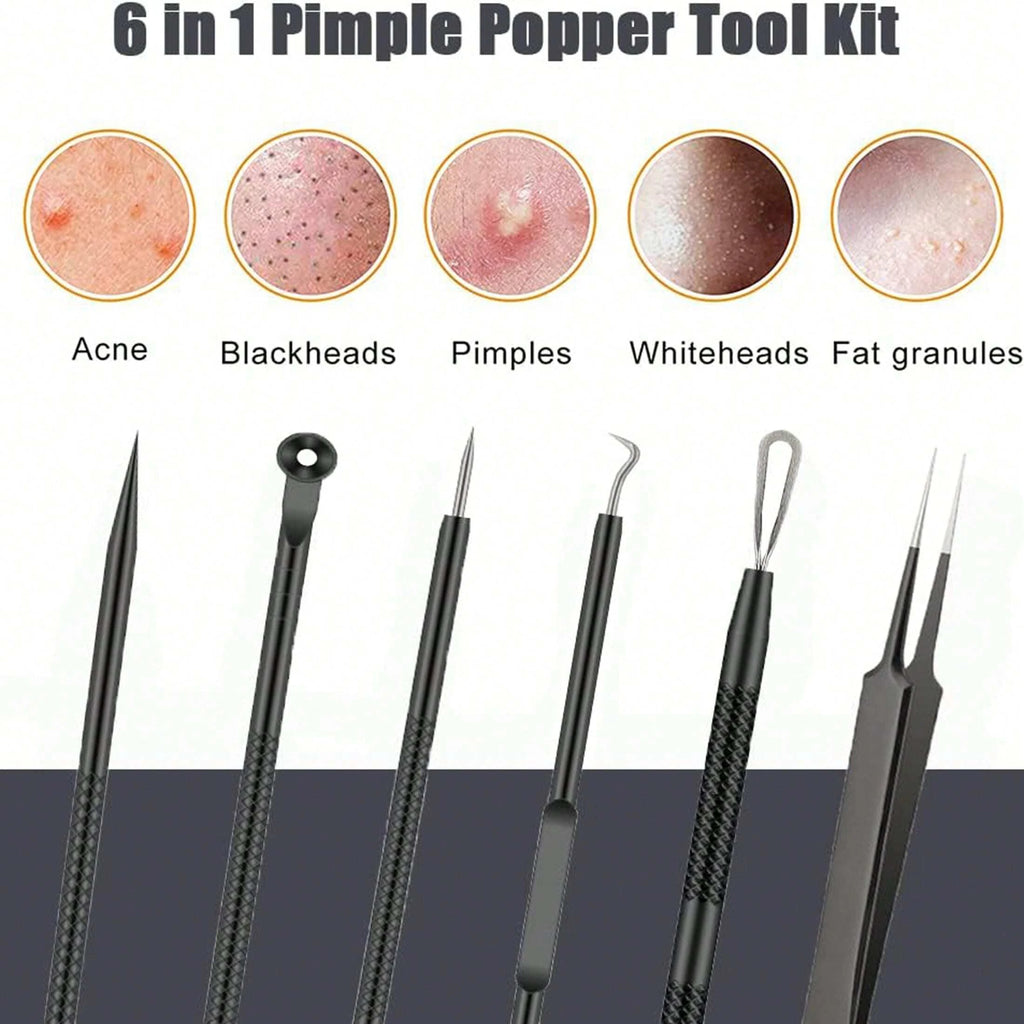 6-Piece Acne Tool Set Blackhead Extractor Facial Care - Facial Acne Removal Tweezers and Needle Stainless Steel Care Tools