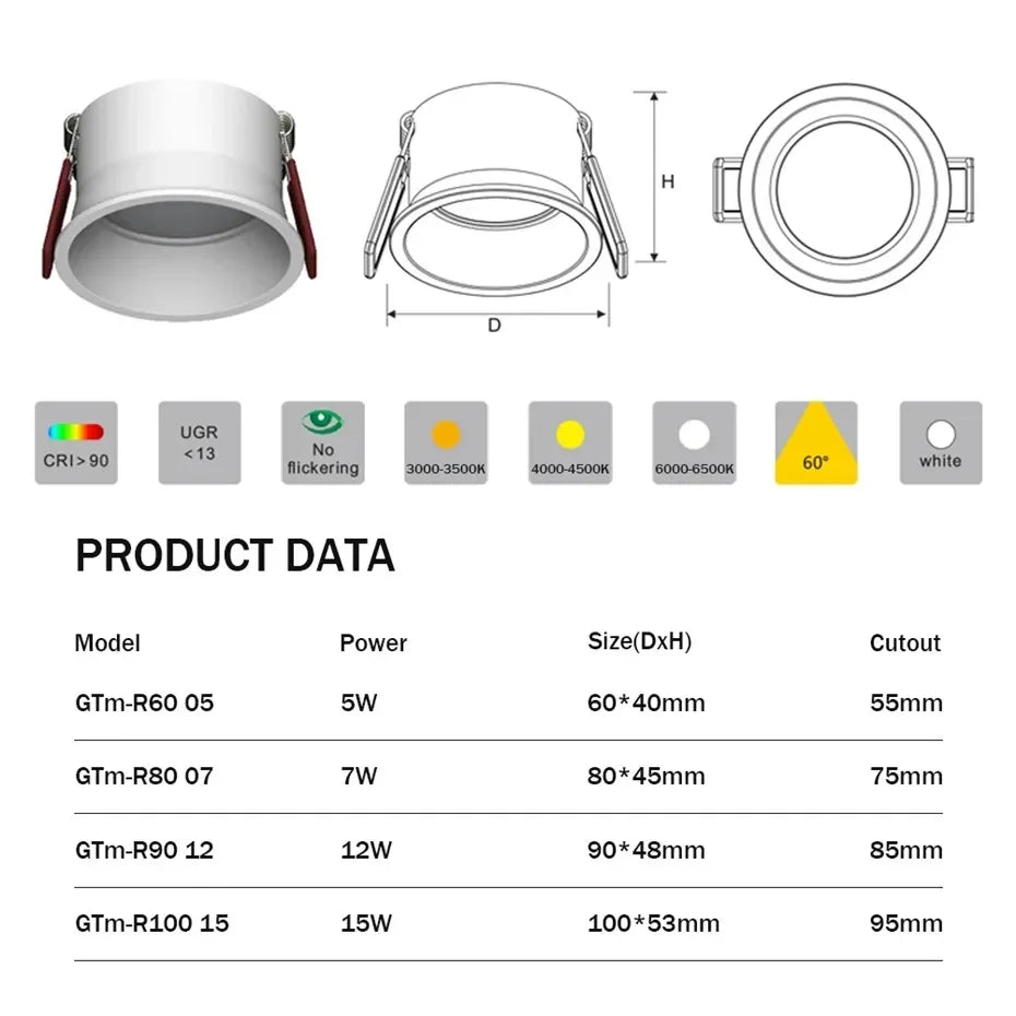 LED Downlight 15W 12W 7W 85-220V 60 Degrees Angle Anti-Glare Indoor Living Room Nordic Ceiling Recessed Spot Lights