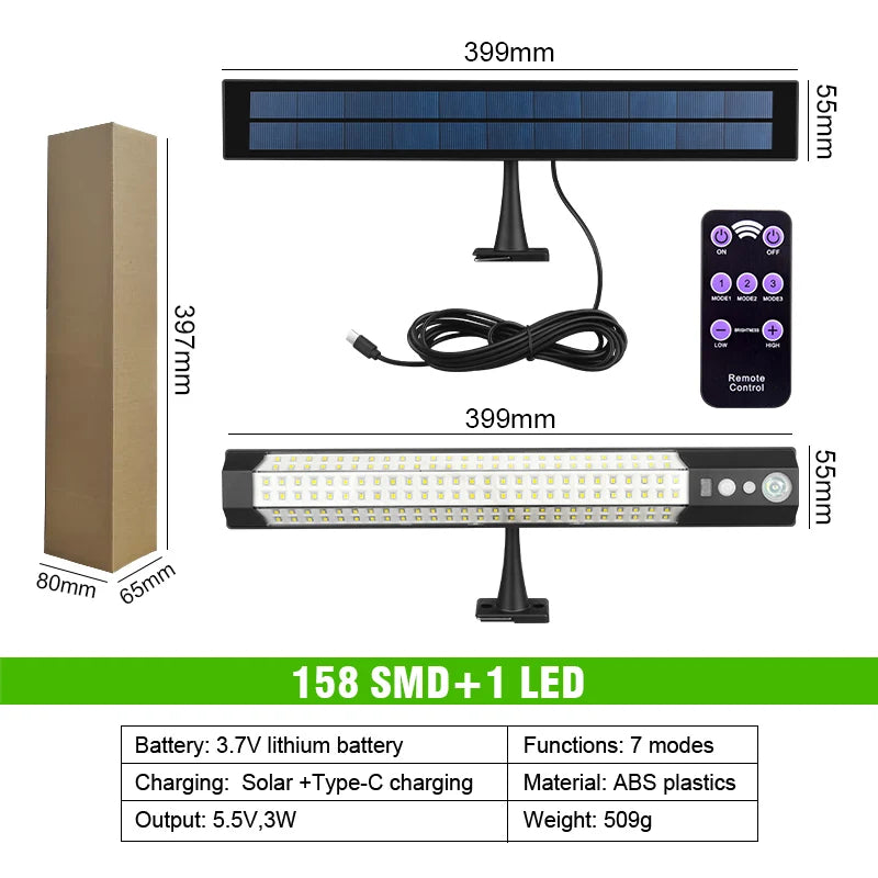 Solar Lights Outdoor Motion Sensor 158LED Flood Lights with Remote Control IP65 Dusk to Dawn Security Spot Lamp For Garden Fence