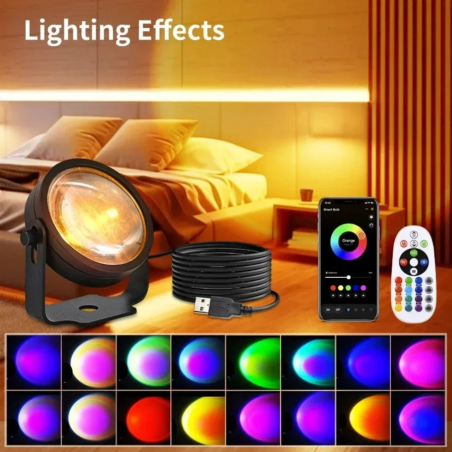 Smart LED Sunset Projector Lamp RGB Dimmable Atmosphere Light Tuya WiFi & IR Remote Control Ambient Lighting for Photography