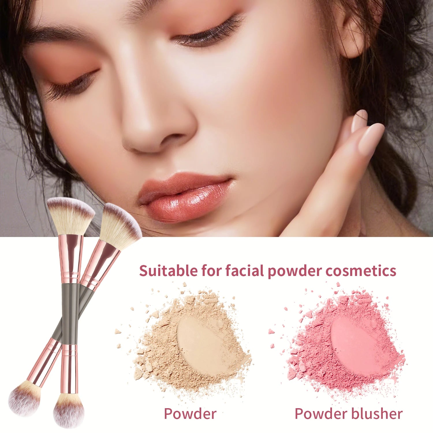 Single Dual-Ended Beauty Brush, Round Blending Brush + Angled Blush Brush Soft Bristle Makeup Tool