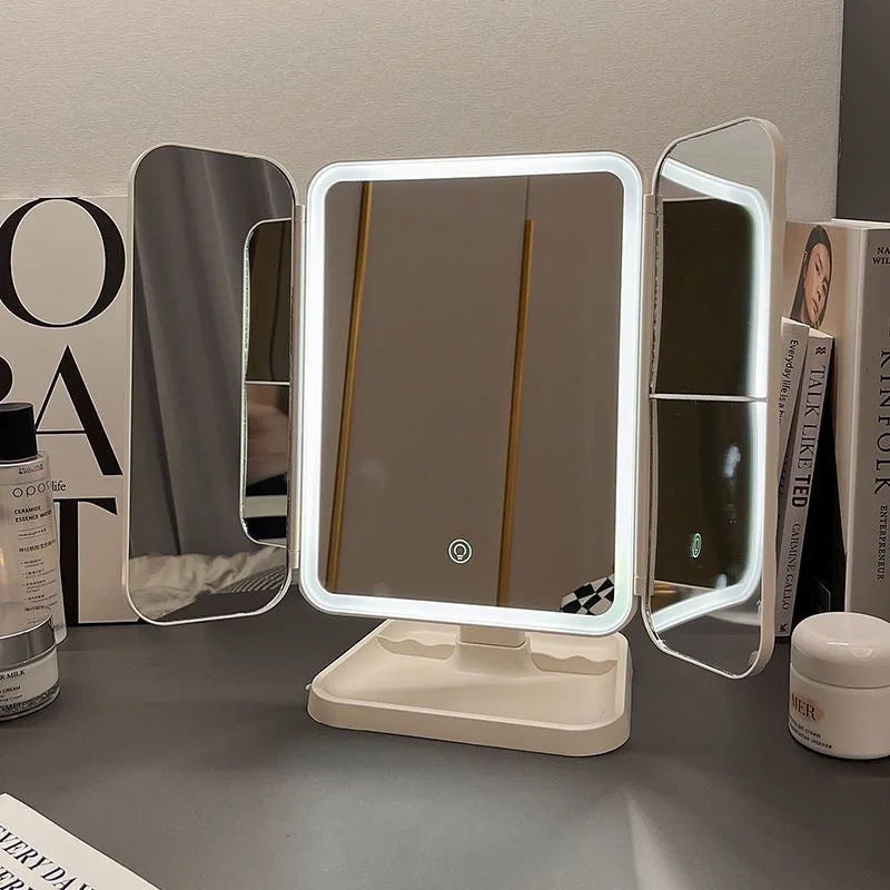 Smart LED Makeup Mirror 270° Rotatable Tri-Fold Vanity Mirror Touch Screen Dimmable Rechargeable Beauty Mirror for Desktop