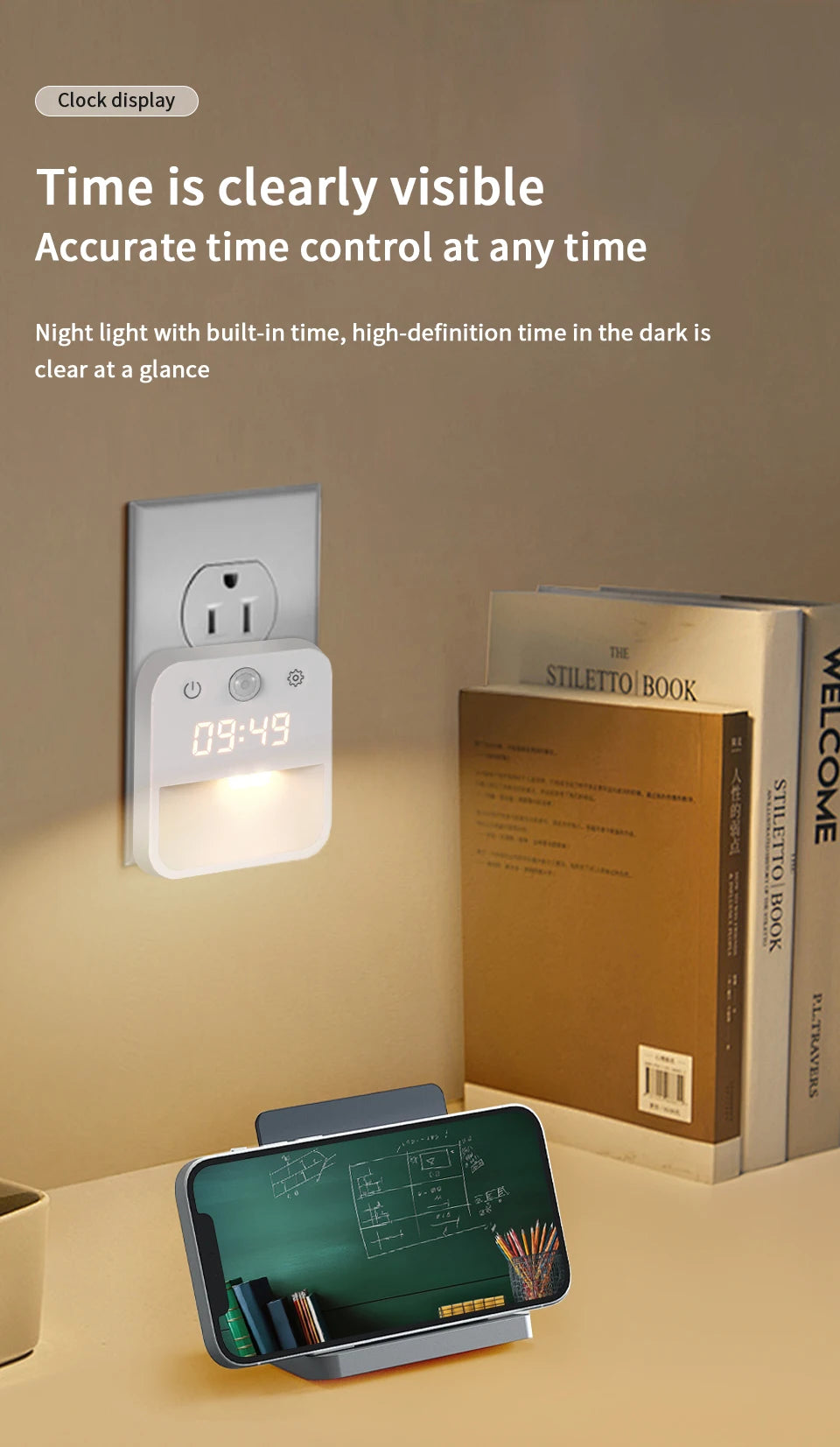 Motion Sensor LED Night Light with Time Display EU and US Socket Plug-in Wall Lamp Smart Sensing Light for Hallway Stair Bedroom