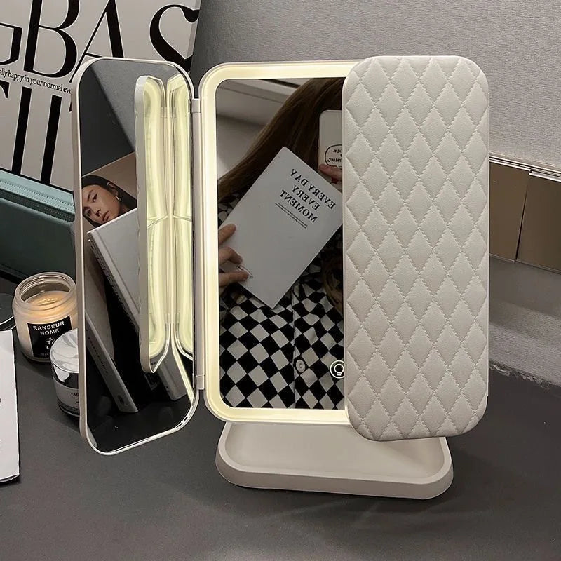 Smart LED Makeup Mirror 270° Rotatable Tri-Fold Vanity Mirror Touch Screen Dimmable Rechargeable Beauty Mirror for Desktop