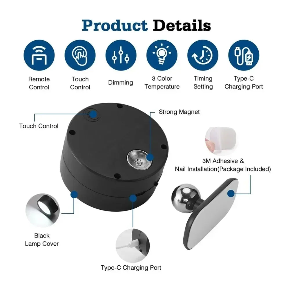 Smart Remote Control & Magnetic USB LED Wall Light,3 Mode Dimmable Cordless Touch Night Lamp for Bedside,Wardrobe,Hallway,Stairs