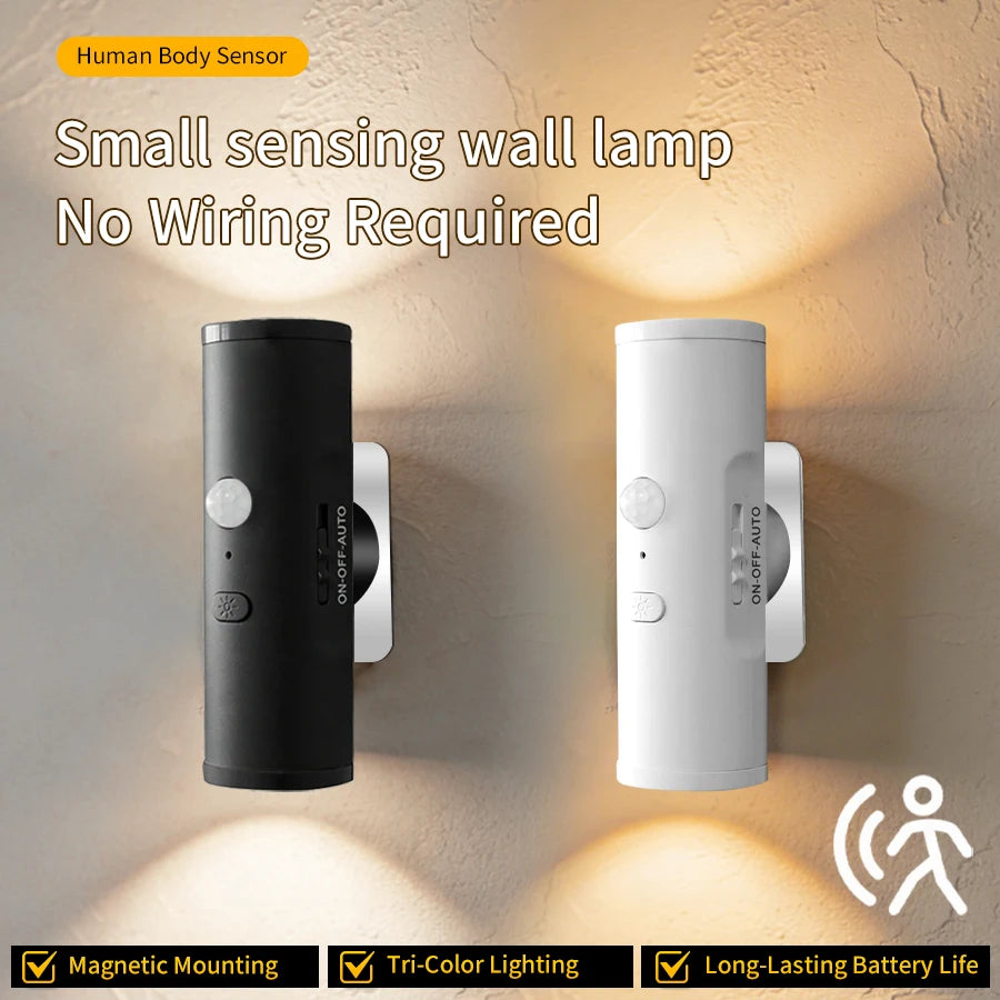 Motion Sensor LED Night Light Double-head Rechargeable Magnetic Wall Lamp Spotlight for Closet Stairs Aisle WC Bedroom Decor