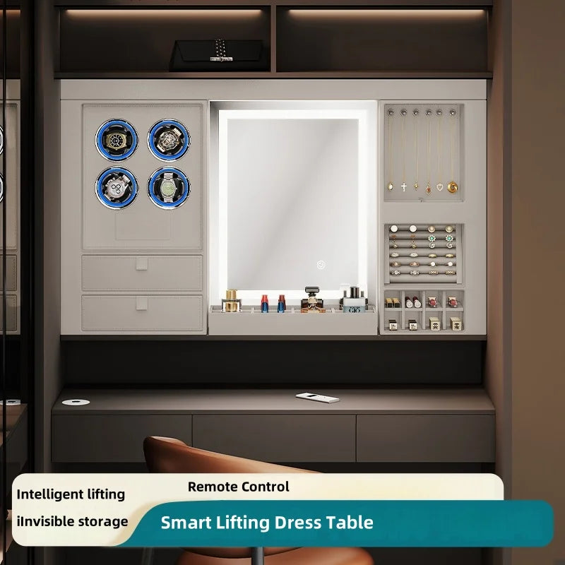 Smart Modern Dressing Table LED Lighted Mirror Intelligent Wardrobe Accessories for Bedroom Bathroom Metal Storage Wood Panel