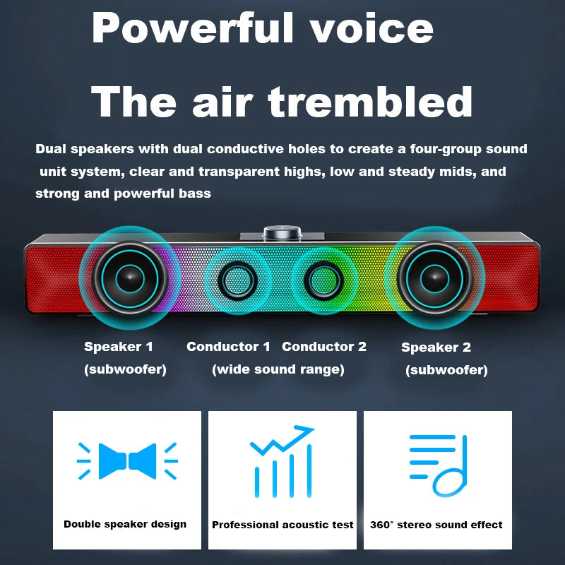 USB Bluetooth-compatible Powerful Computer Speaker Bar  Subwoofer Bass Speaker Surround Sound Box LED For PC Laptop Phone Tablet