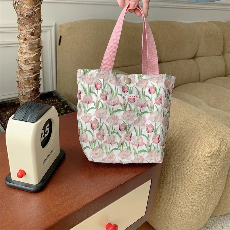 Women's Beauty Flower Canvas Bag Outside Shopping Toiletry Phone Oagnzier Storage Bags Korean Cloth Handbags Lunch Box Bento Bag