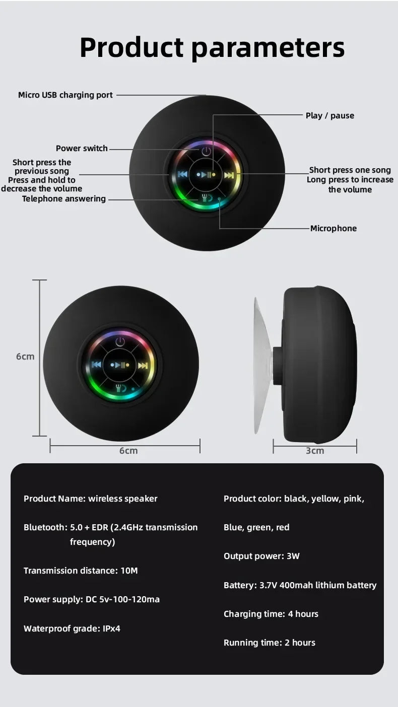Bluetooth Shower Speaker Portable Wireless Mini Speaker with Mic Suction Cup IPX4 Water Resistant for Travel Pool River Floating