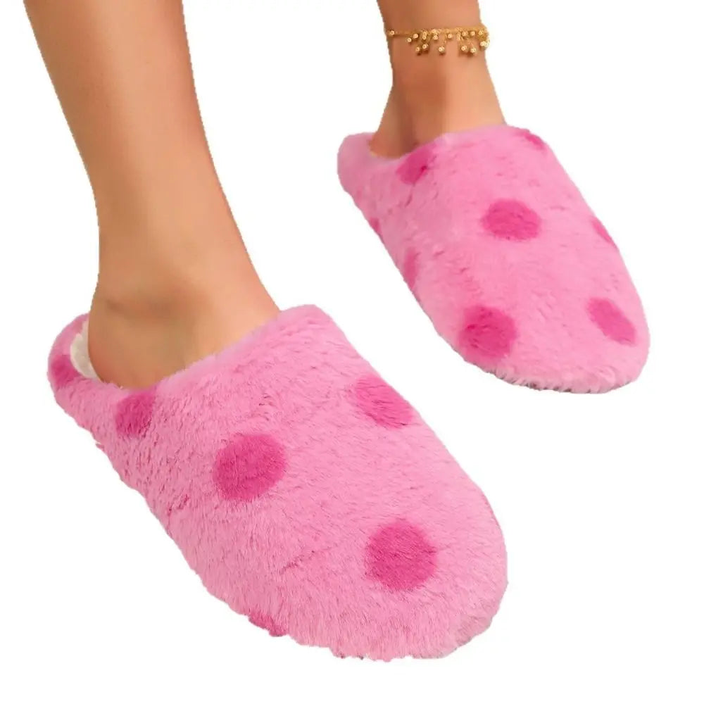 Silent Shoe Sole Soft Sole Plush Slide Slippers Casual Lightweight Dots Fur Slipper Anti-slip Patchwork House Flat Shoes Female