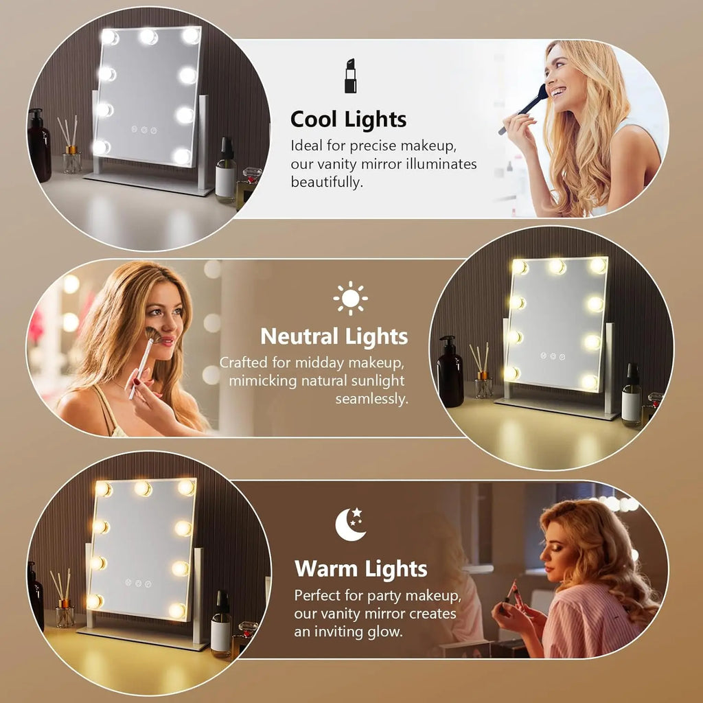 Hollywood-style Vanity Mirror with 9 LED Bulbs 3 Color Lighting Options 360° Rotation Perfect for Dressing Rooms and Bedrooms
