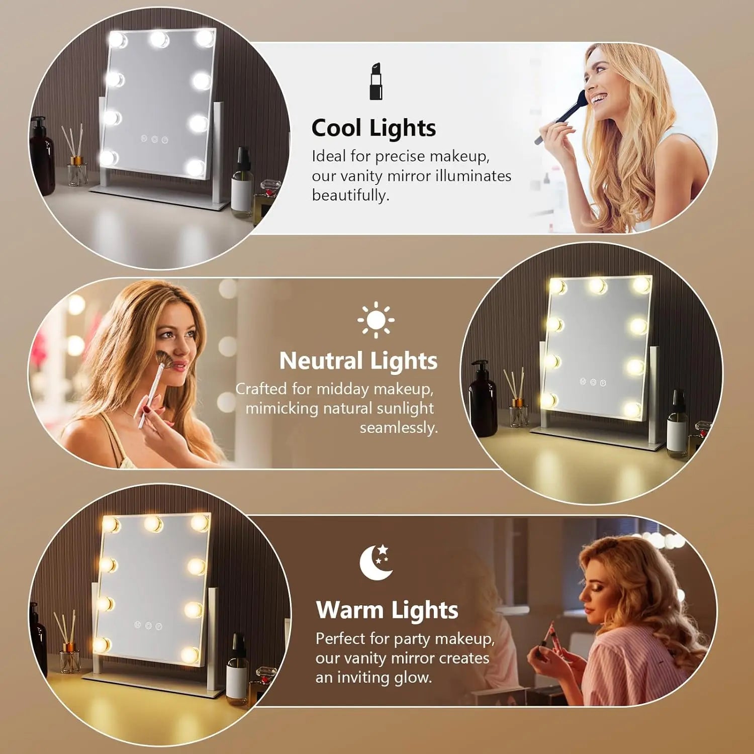 Hollywood-style Vanity Mirror with 9 LED Bulbs 3 Color Lighting Options 360° Rotation Perfect for Dressing Rooms and Bedrooms