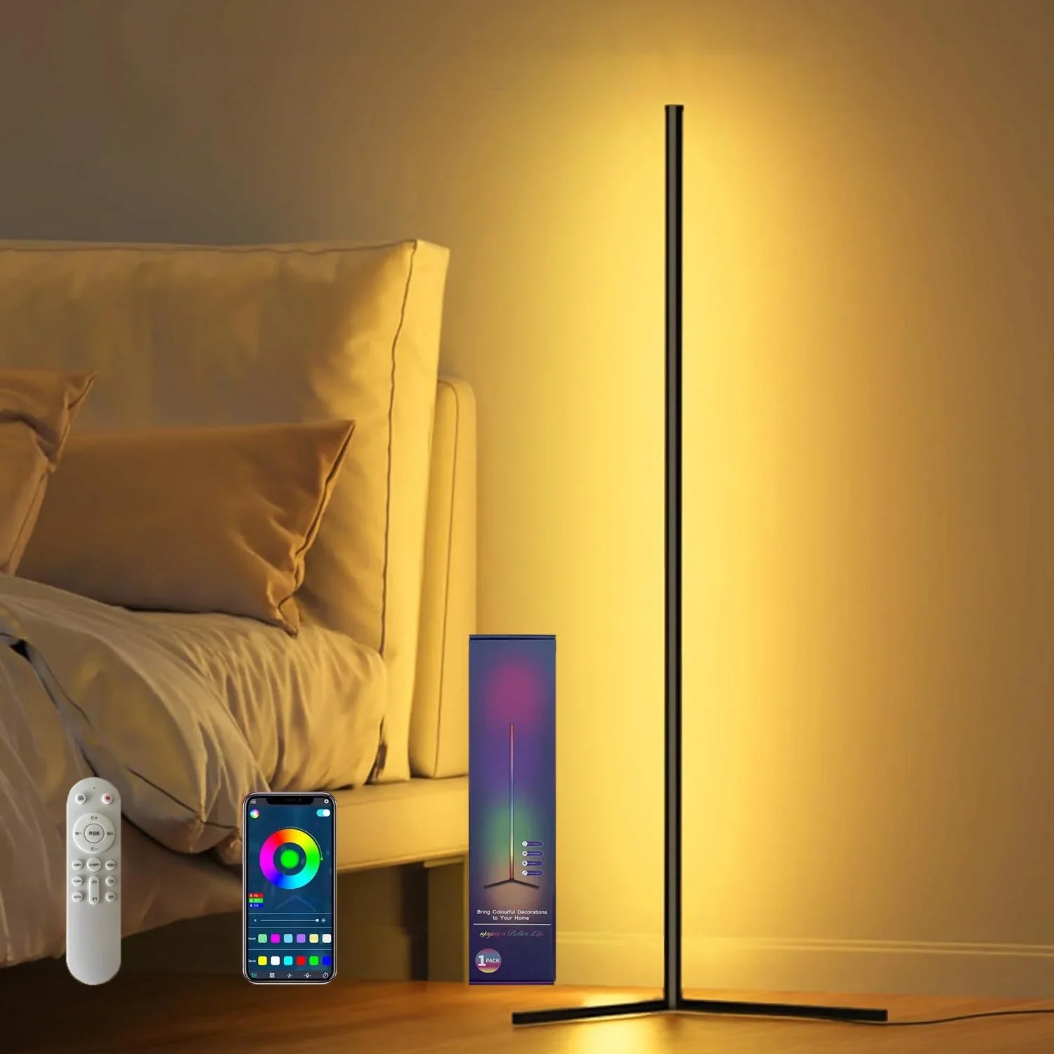 Smart RGB LED Floor Corner Lamp with Music Sync 16 Million DIY Colors Modern Ambient Lighting for Home Decor