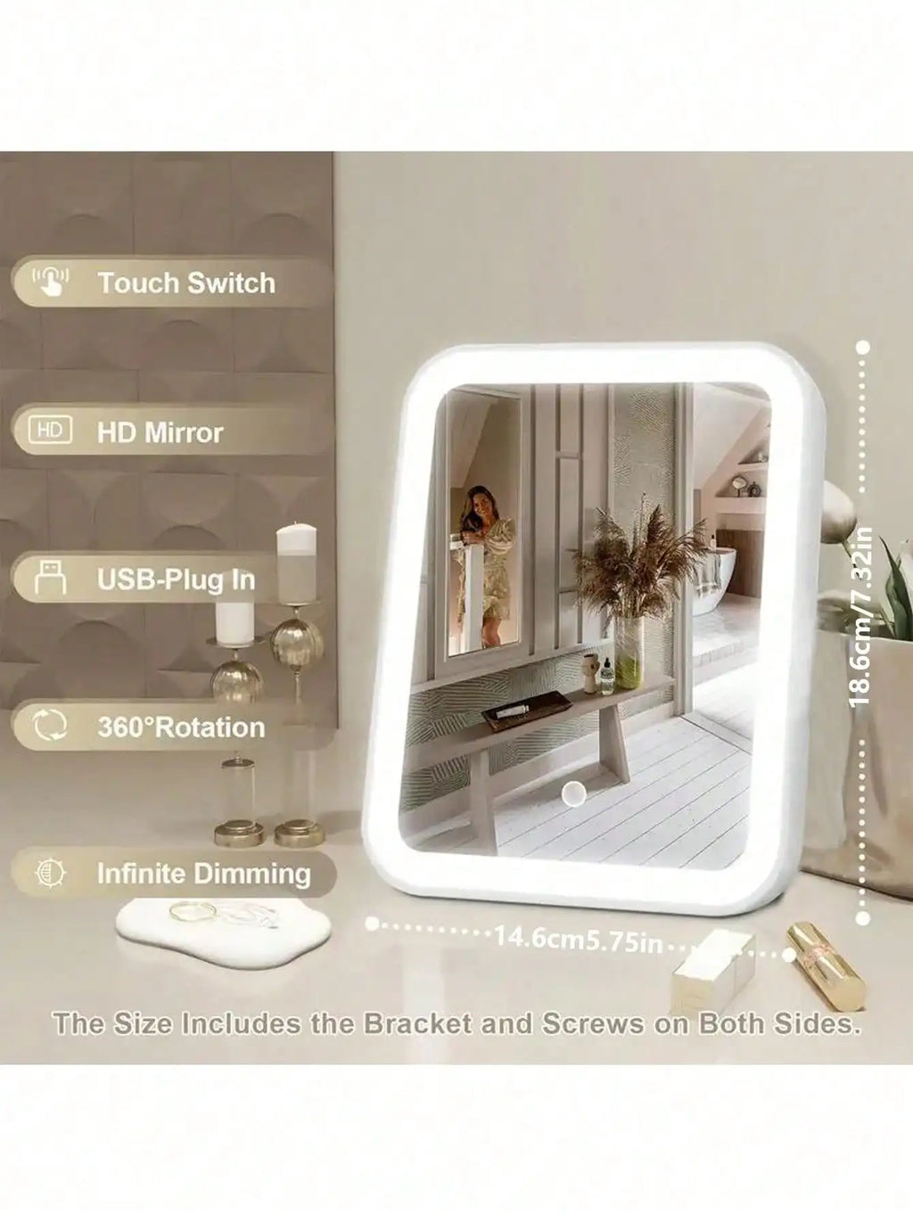 LED Makeup Mirror, 3-Color Light, 360° Rotatable, Touch Control, USB Powered, Tabletop Vanity Mirror for Bedroom Bathroom Travel