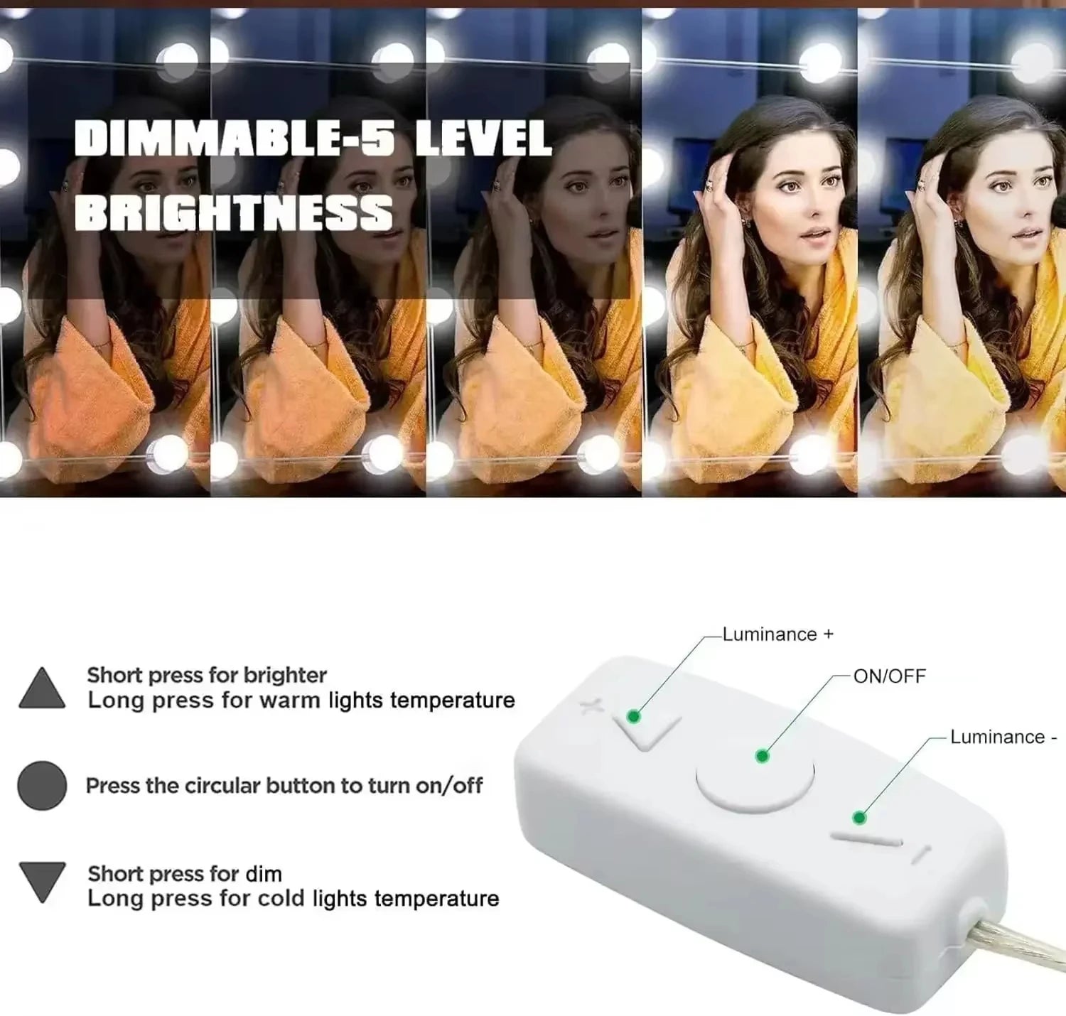 LED Mirror Makeup Mirror w/Lights,Detachable 10LED Bulbs,3 Color Dimmable Vanity Light,Touch Control,USB Powered,Dressing Table