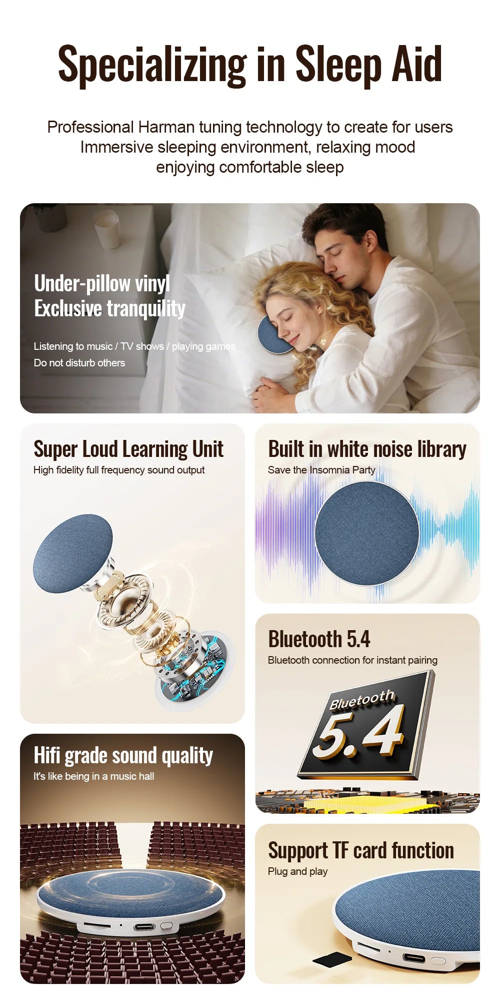 Bluetooth Speaker Wireless Bluetooth5.4 HiFi Pillow Sound Disc Sleep Decompression Support TF Card Reading Type-C Cable Charging