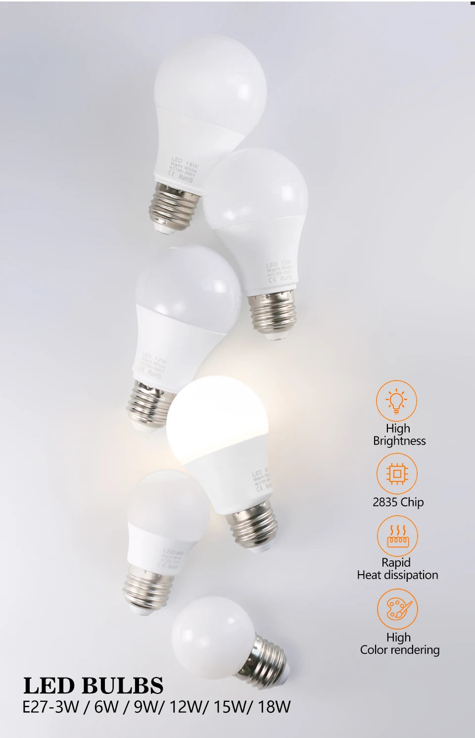 3W 6W 9W 12W 15W 18W LED Bulb Lamps E27 Lampada LED Light Bulb AC 220V-240V Smart IC High Brightness Bombilla Lamp Spotlight
