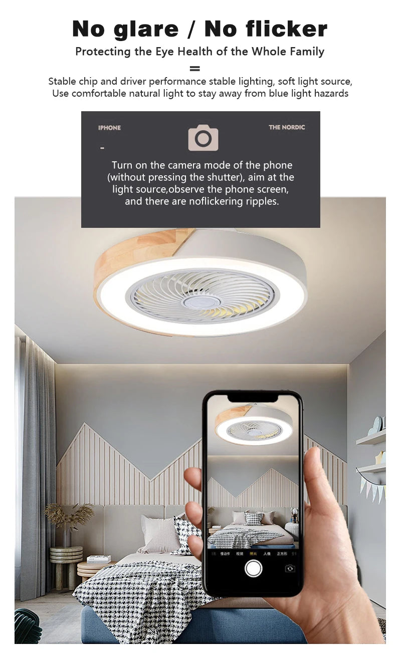 Smart LED Ceiling Fan with Light Wood Living Room Bedroom APP Remote Control 6 Speed Low Floor Electric Fan 52CM Fan Lighting