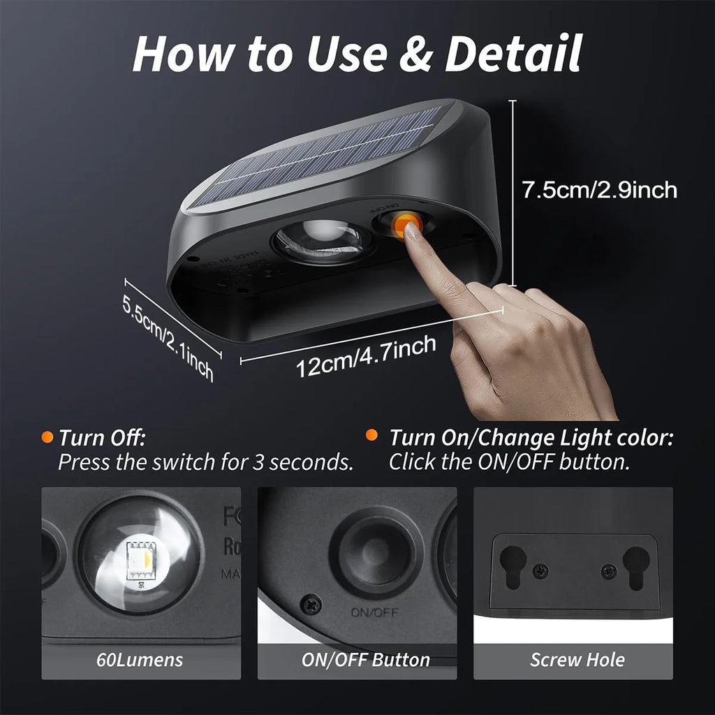 Solar Fence Lights Outdoor Waterproof Solar Deck Lights with Warm White RGB LED Spot Lens Decorative Solar Powered Wall Lights