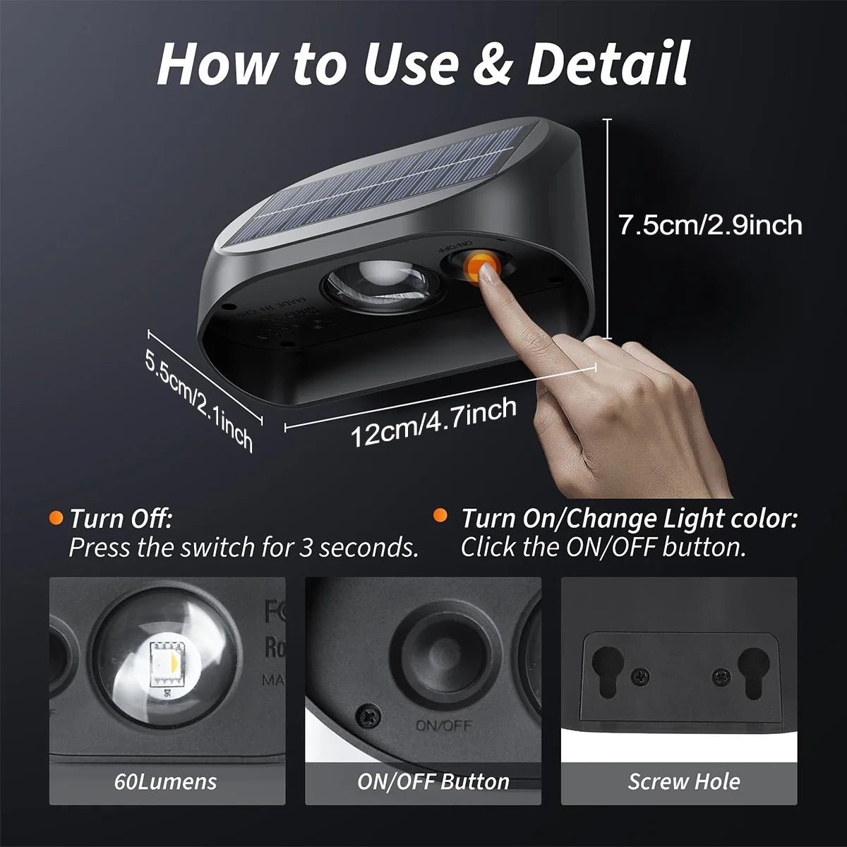 Solar Fence Lights Outdoor Waterproof Solar Deck Lights with Warm White RGB LED Spot Lens Decorative Solar Powered Wall Lights