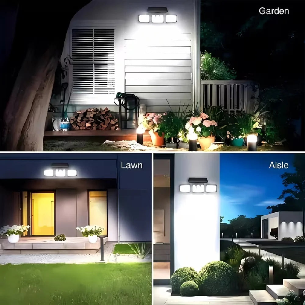 Solar-powered Outdoor Motion-sensor Lights 3-head 270° Wide-angle Security Lights for Yards Patios Garages Driveways Lighting