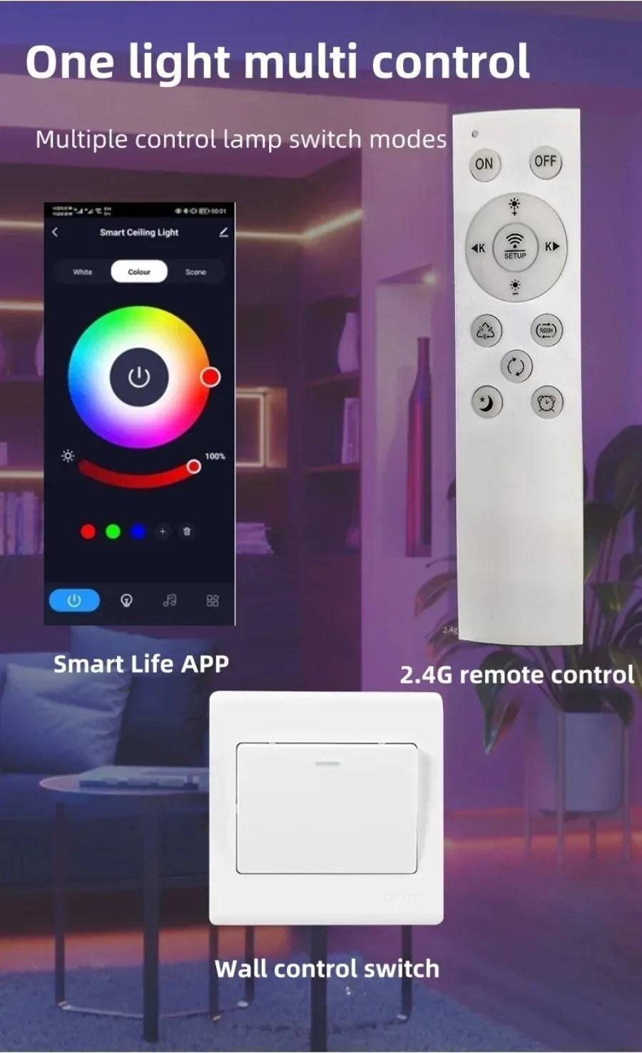 LED Smart Tuya Ceiling Lamp with RGB Bbacklight Bluetooth APP Remote Control Dimming Living Room Bedroom Ambient Ceiling Light