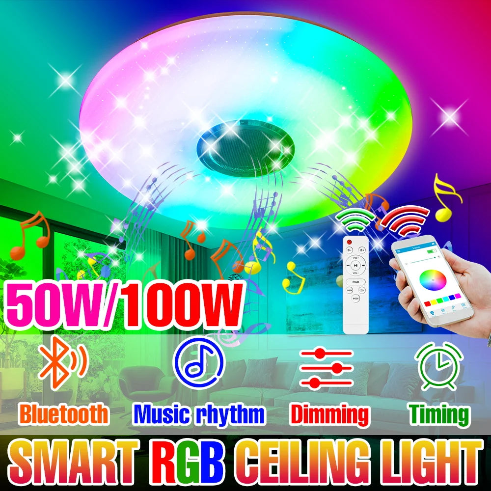 100W RGB Smart Lamp LED Ceiling Lights With Speakers Bluetooth Connection APP Remote Control For Home Bedroom Decoration Party