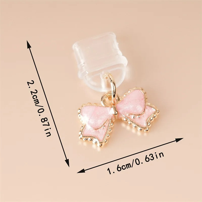 1pc Beautiful Pink and White Bowknot Phone Dust Plug for iPhone/Type-C /Android Mobile Phone Pendant Accessories Gift for Lovers