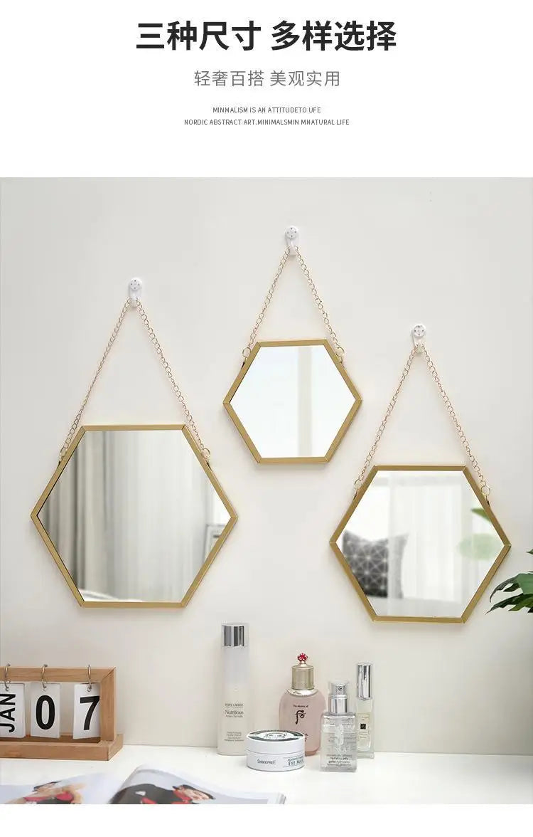 Nordic Iron Hexagonal Wall-mounted Mirror for Bathroom, Dormitory, Washbasin, Wall-mounted Makeup Mirror