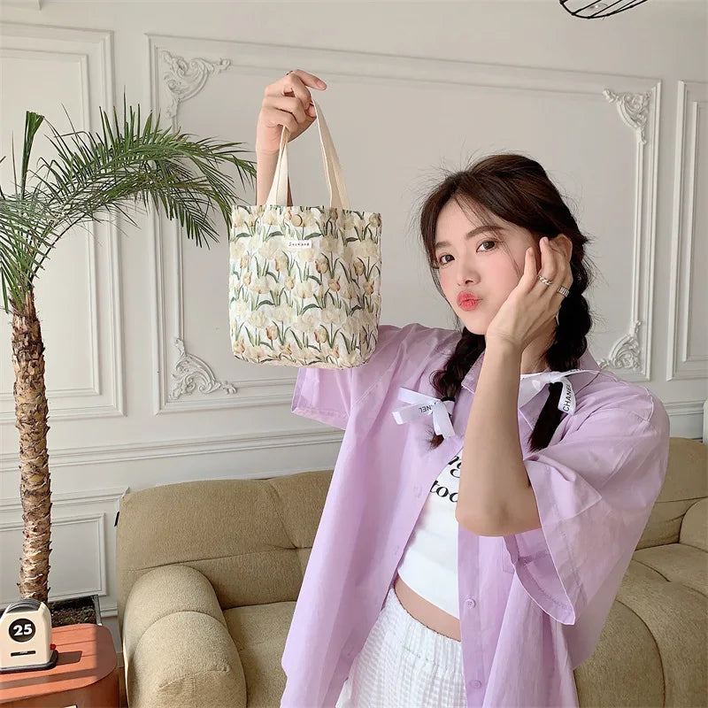 Women's Beauty Flower Canvas Bag Outside Shopping Toiletry Phone Oagnzier Storage Bags Korean Cloth Handbags Lunch Box Bento Bag