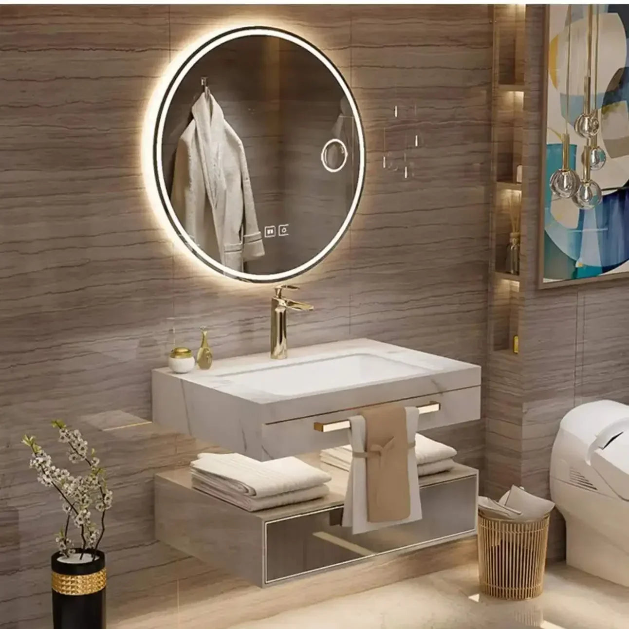 Modern Slate Bathroom Cabinet with Double Washbasin Smart Mirror Ceramic Bathroom Vanity Cabinets Under Sink Bathroom Furniture