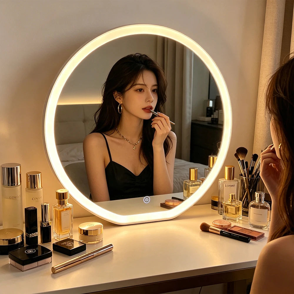 Round LED Lighted Makeup Mirror With Smart Touch Button Adjustable Brightness HD Cosmetic Vanity Mirror For Bedroom Dressing
